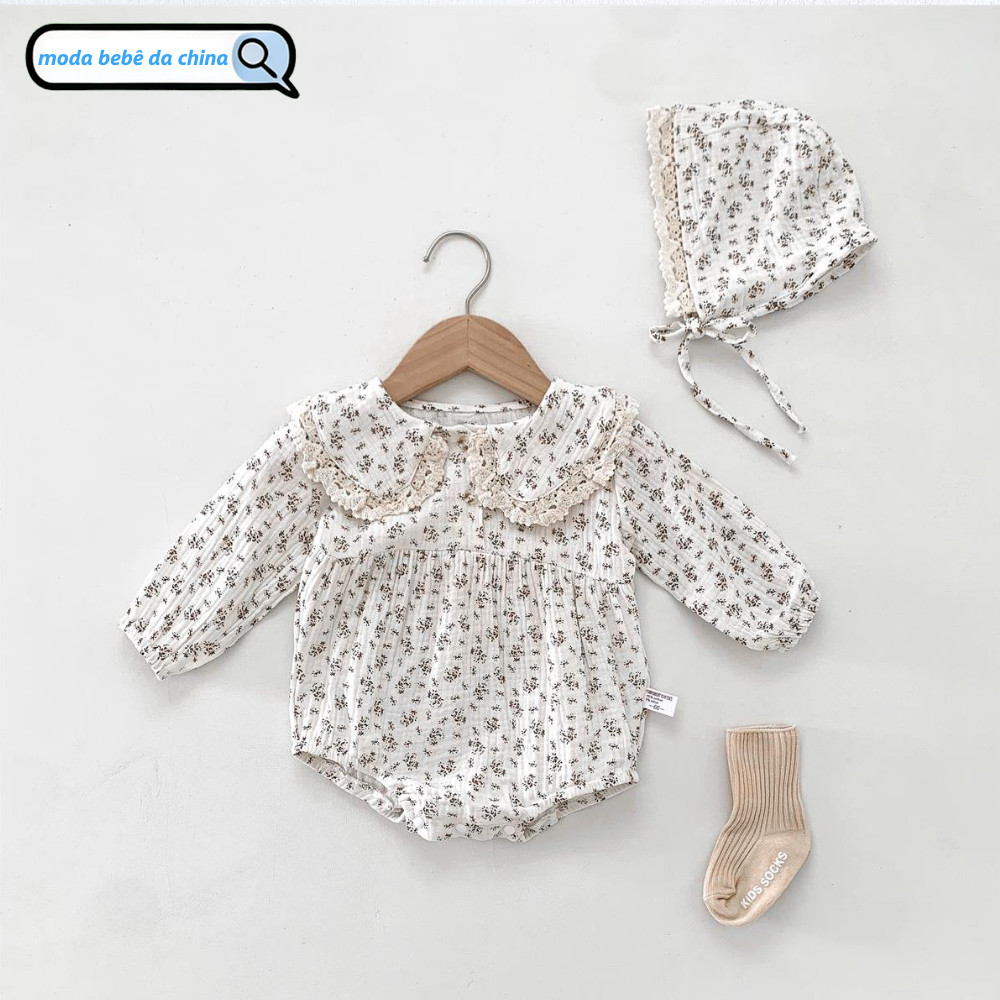 Menina Recém-Nascida Algodão Floral Boneca Gola De Renda Manga Longa Macacão + Chapéu Terno 0-2 Anos De Idade Quente Beb