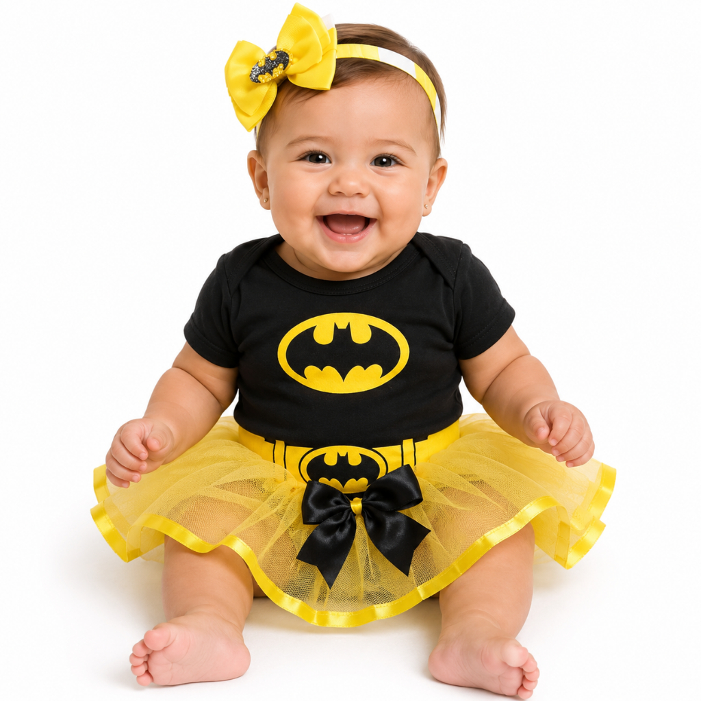 Body Beb temático mesversario fantasia Batman /Menino e  batgirl menina com saia de tule +laço