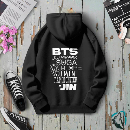 Moletom Canguru BTS Estampa nomes Integrantes - Estilo Kpop Coreano Grupo Arirang