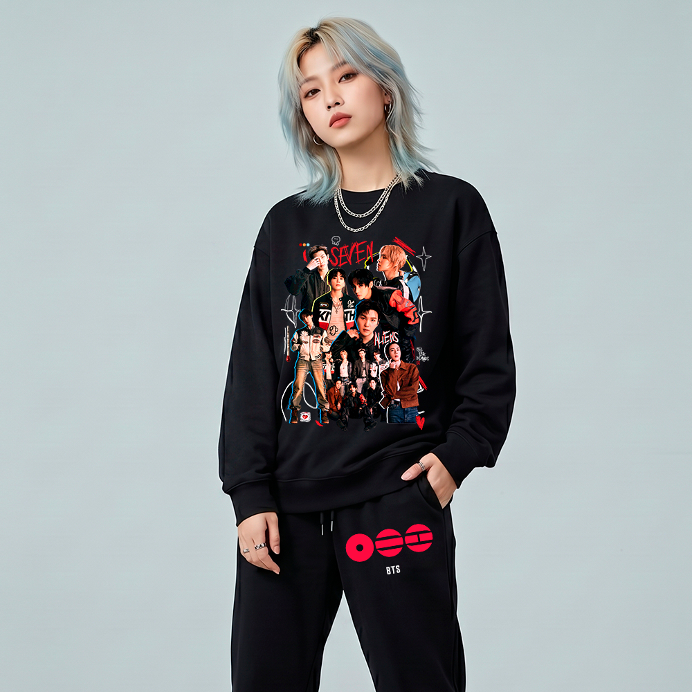 Kit Conjunto Moletom Gola Careca e Calça Jogger BTS Bangtan Boys Tour Arirang K-pop Y2K Streetwear