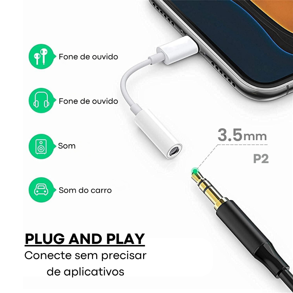 Cabo Adaptador Compatível com Lightning Para Fone Ouvido P2 P3 3.5mm
