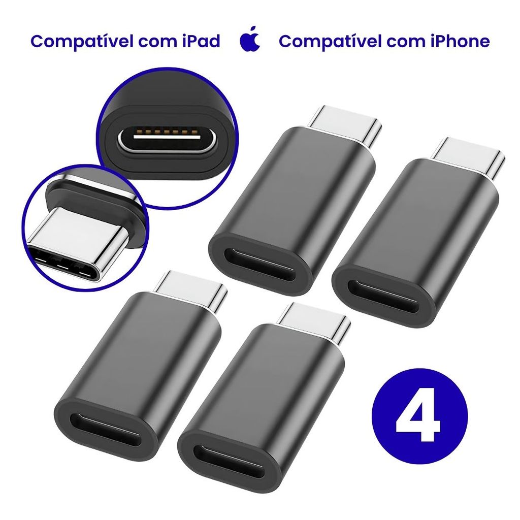 Kit 4 Unidades Adaptador Conversor OTG Cabo Usb Tipo-C Compatível Com Lightning