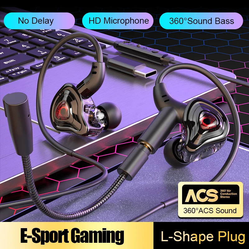 Fones de ouvido com fio Tipo C ou 3.5mm In-ear HiFi Som Estéreo com Microfone Duplo Headset para Esportes e Jogos