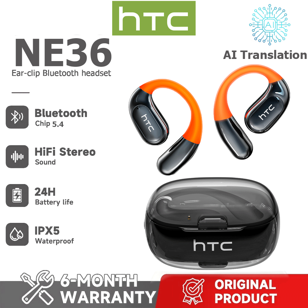 1 ano de HTC NE36 AI Tradução Tradução em tempo Real TWS Fone de ouvido Bluetooth Bluetooth 6.0 HiFi Qualidade