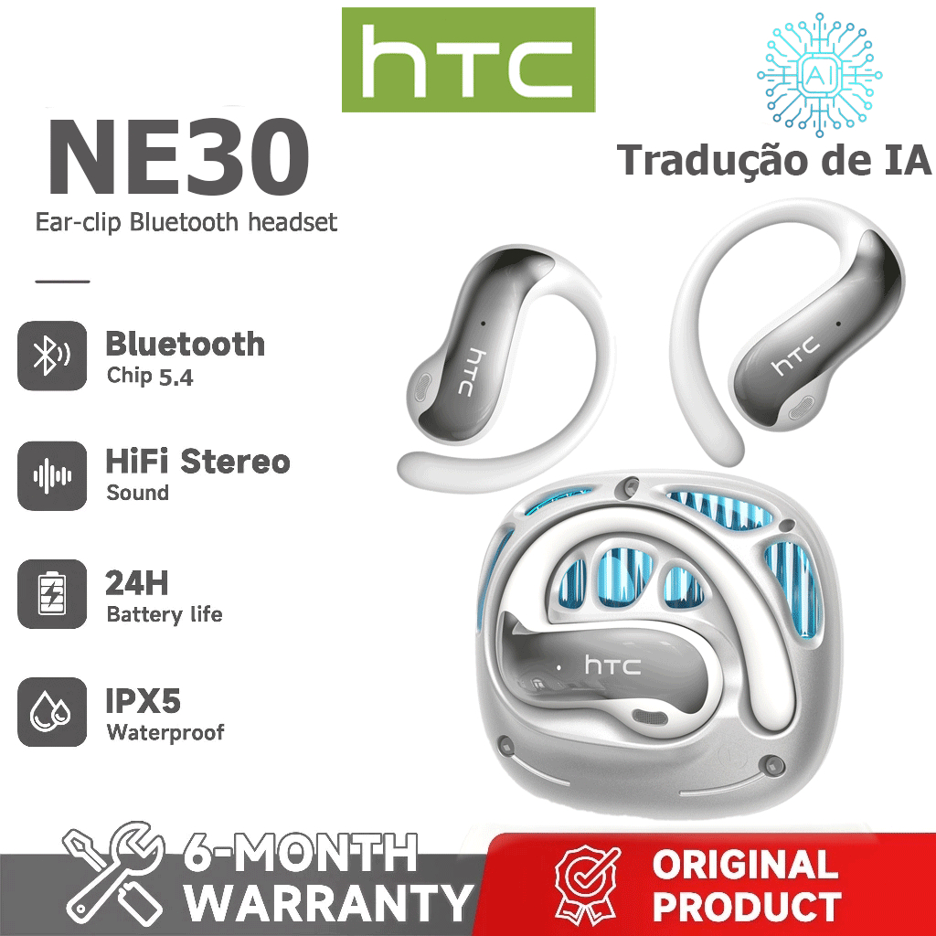HTC NE30 AI Tradução em tempo Real TWS Fone de ouvido Bluetooth 5.4 HiFi Qualidade