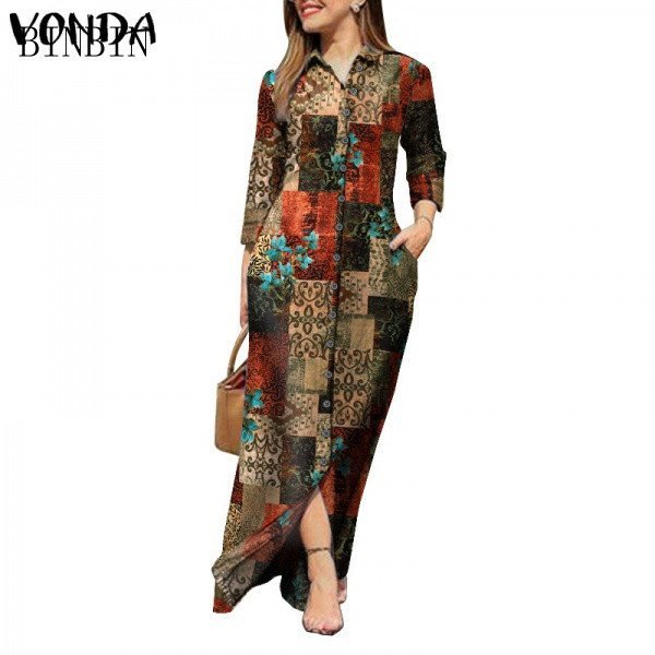 Vestido Maxi Feminino Vonda com Estampa Floral, Lapela e Botões 5232