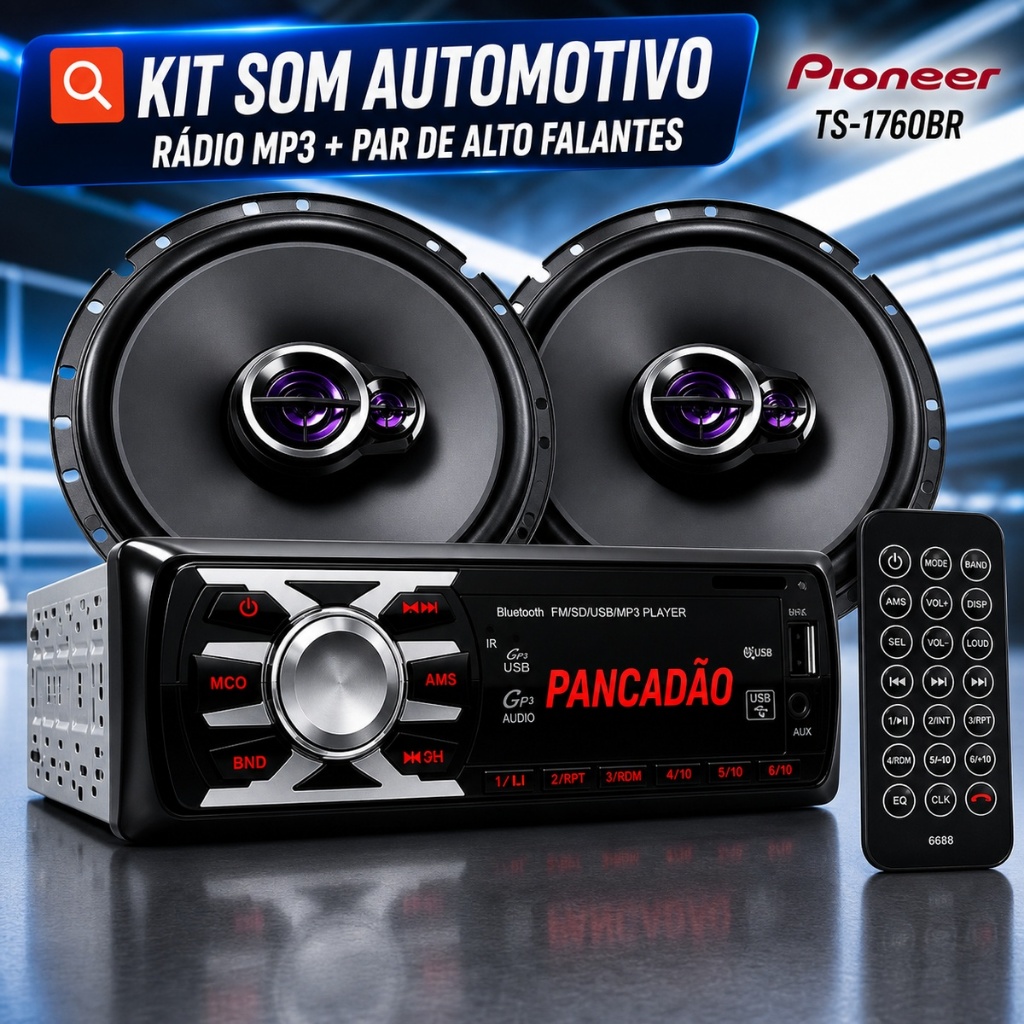 Kit Som Automotivo Rádio Bluetooth USB + Par Alto Falante Pioneer 6