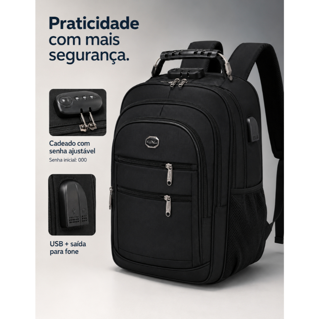 Mochila Masculina Notebook 15.6 Nylon Impermeável Reforçada Executiva Grande Capacidade Trabalho Faculdade Resistente