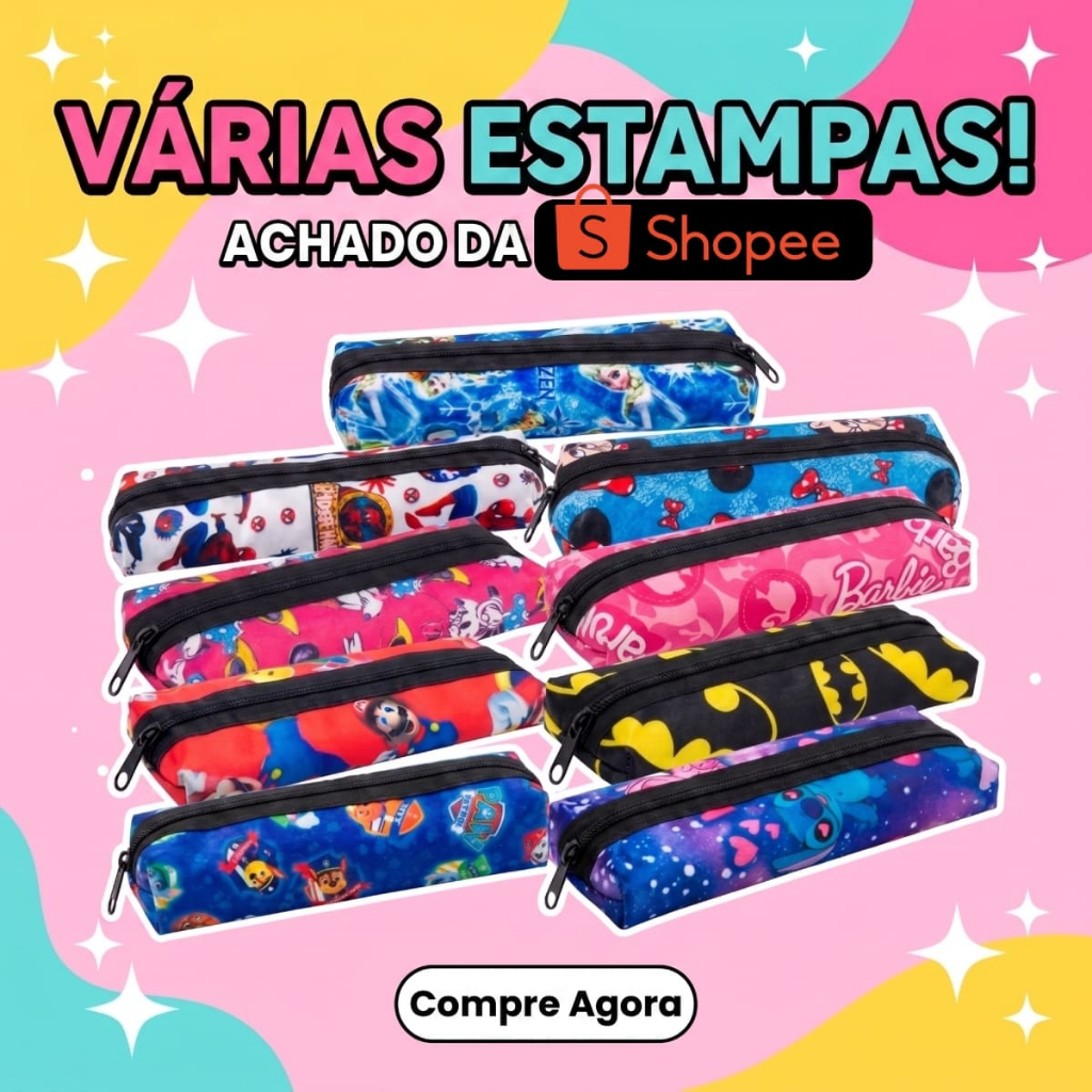Estojo Escolar Diversas Cores e Estampas Faculdade Universitário Make Necessaire em Nylon Resistente com Zíper