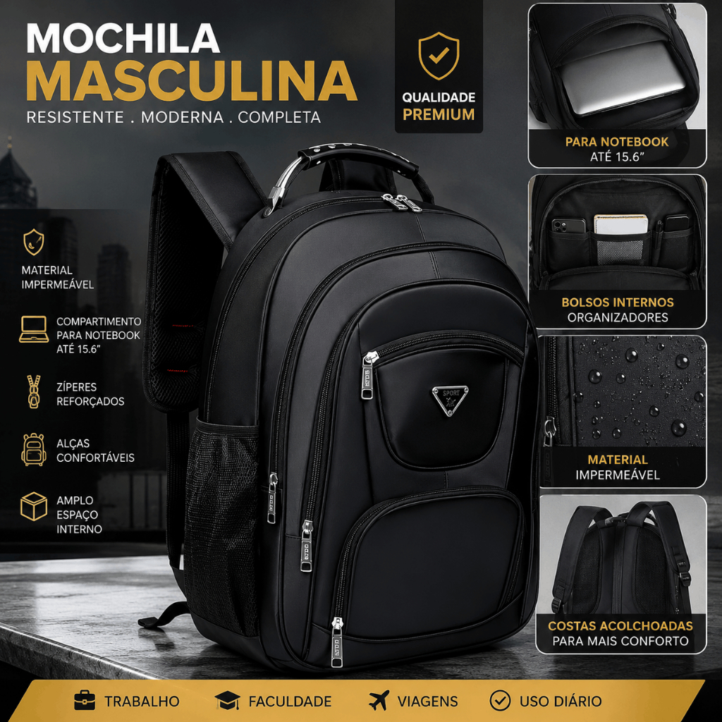 Mochila Masculina Grande Impermeável Reforçada Notebook 15.6 Viagem Trabalho Faculdade Resistente