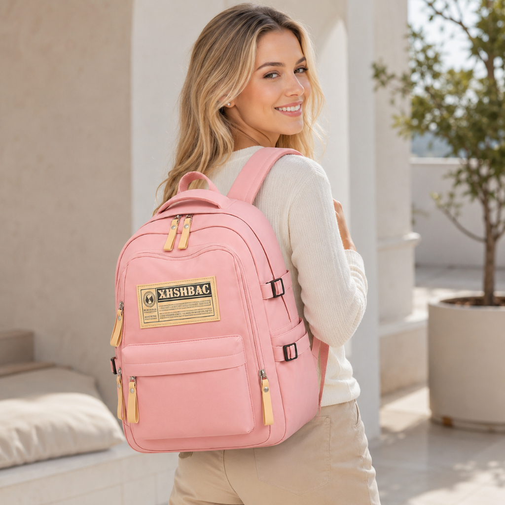 Mochila Feminina Grande Capacidade Nylon 5 Bolsos Escolar Faculdade Trabalho Viagem Resistente com Zíper