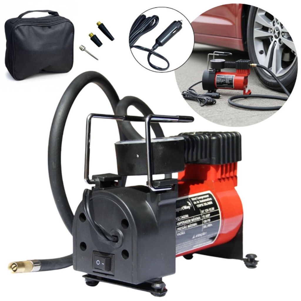 Mini Compressor de Ar Automotivo 12V Portátil 150 Psi 3 Bicos 35L/min Vermelho Importway Iwmca004vm