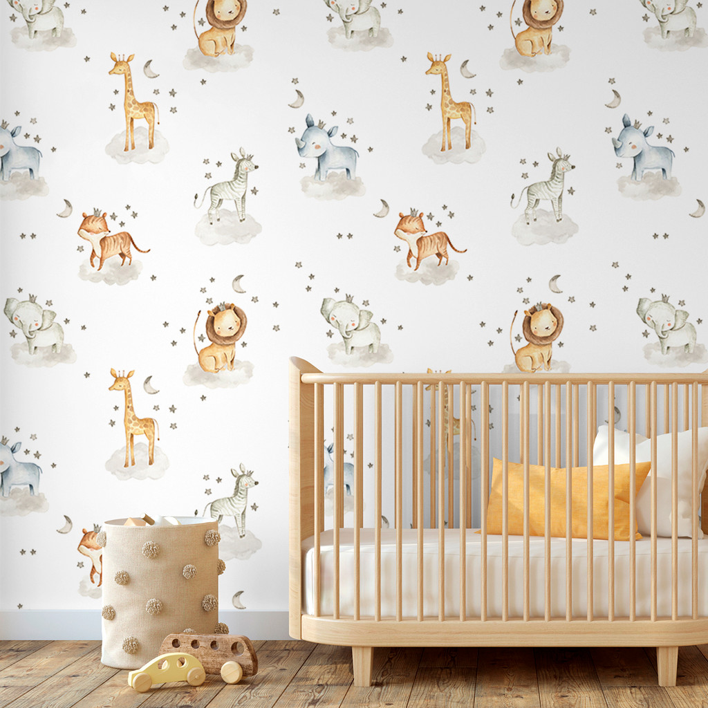 Papel de Parede Infantil Safari Aquarela Animais na Nuvem Quarto de Bebê Auto Adesivo Decorativo Leão Girafa e Elefante