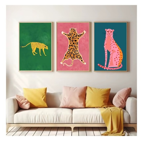 Quadros decorativos Modern Cheetah Cats Animais, Boho Art, Preppy Safari Woodland (3 peças)