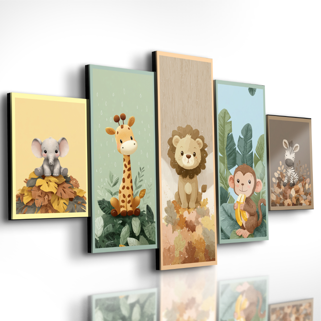 Lindos Quadros Decorativos 5 Peças Infantil Animais Safari Delicado Quarto Sala