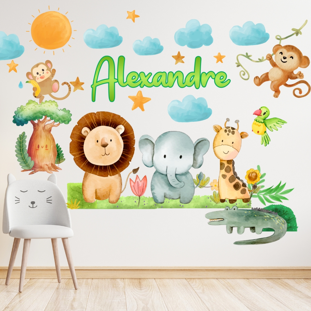 Adesivo Papel de Parede Safari Personalizado para Quarto Infantil Decore com Animais da Floresta
