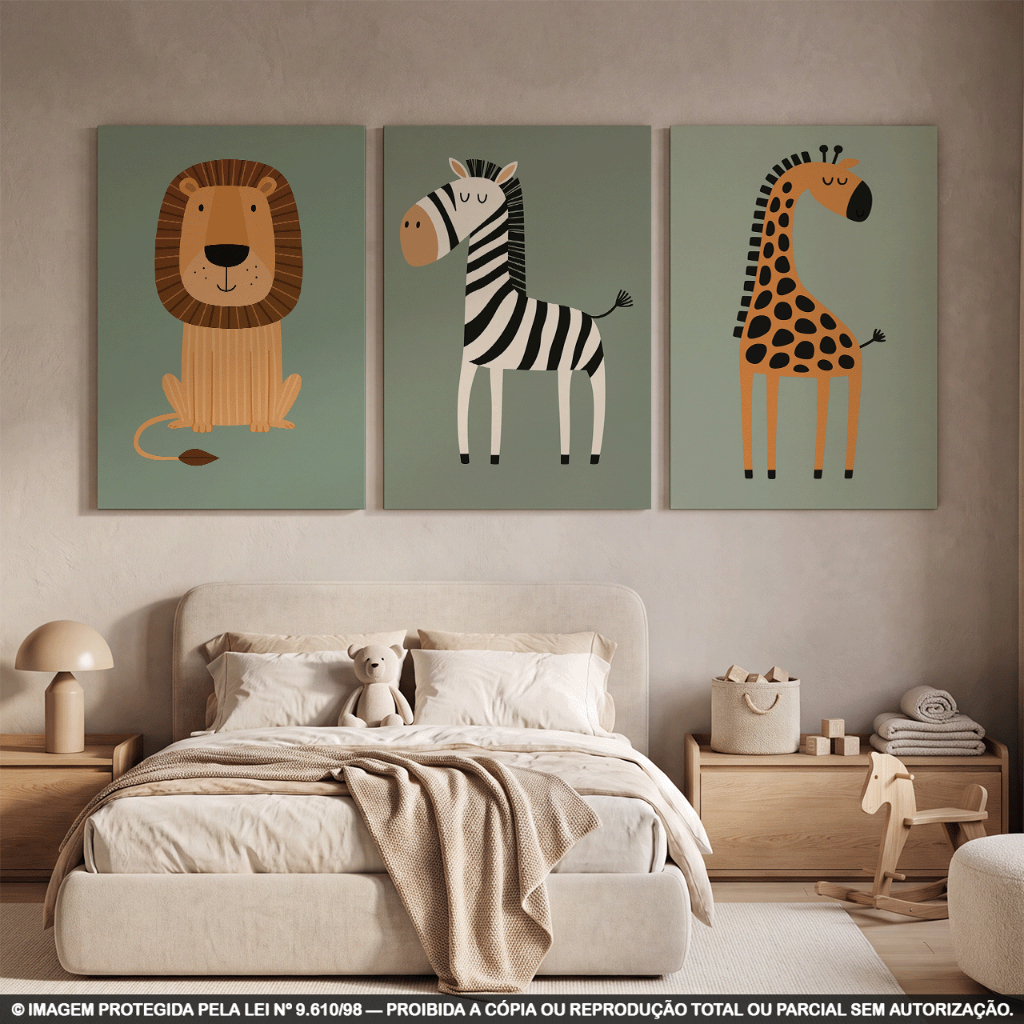 Kit 3 Quadros Decorativos Safari Infantil Leão, Zebra e Girafa | Animais da Selva | Decoração Quarto Infantil em MDF 3mm
