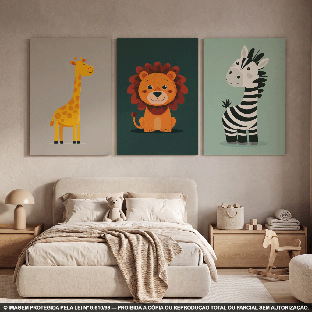 Kit 3 Quadros Decorativos Safari Infantil Girafa, Leão e Zebra | Animais da Selva | Decoração Quarto Infantil em MDF 3mm
