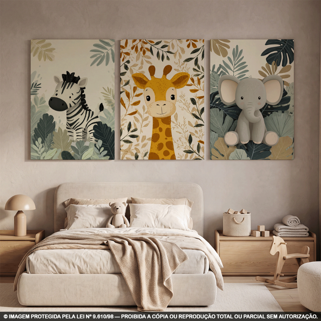 Kit 3 Quadros Decorativos Safari Infantil | Zebra, Girafa e Elefante | Animais da Selva para Quarto Infantil em MDF 3mm
