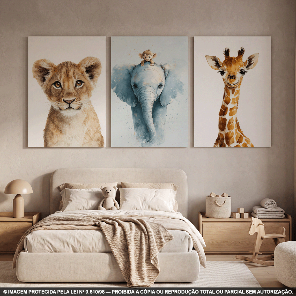 Kit 3 Quadros Decorativos Safari Infantil Leão, Elefante com Macaco e Girafa | Aquarela Animais da Selva | Quarto