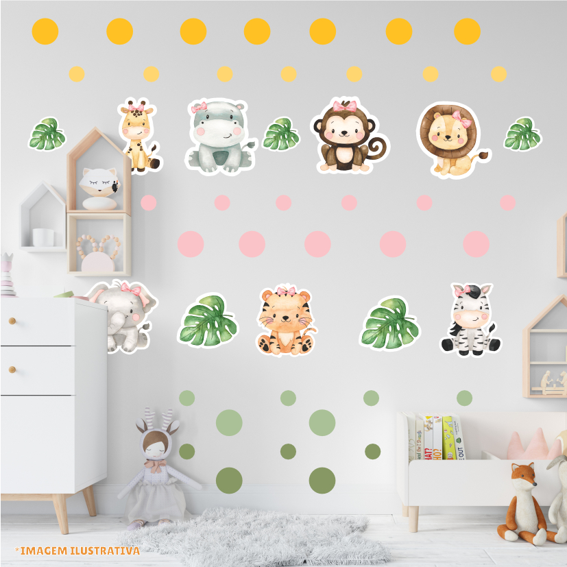 SS04 - Animais Safari - menina 3 - Papel de Parede Infantil - Kit 35 Adesivos Recorte