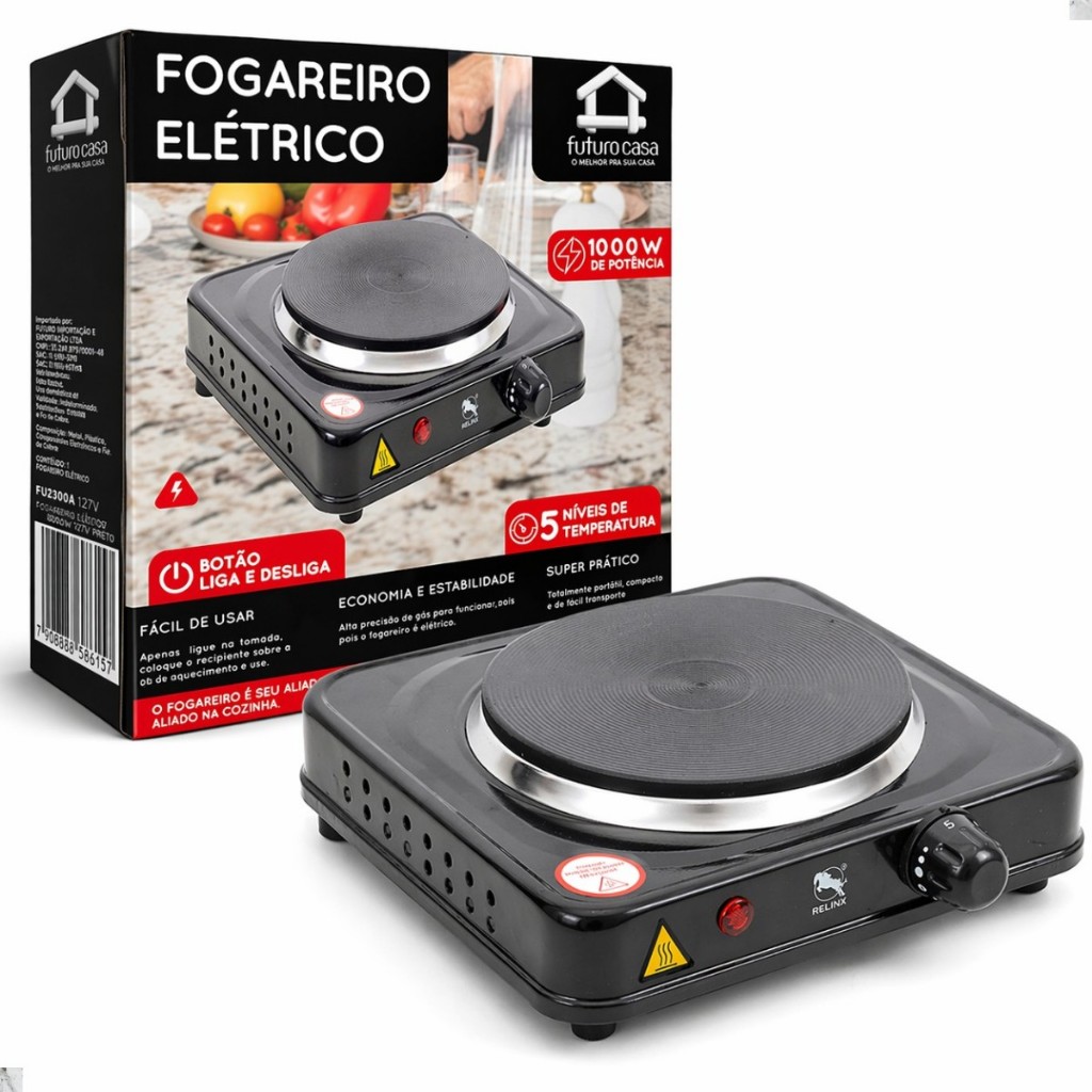 Fogareiro Elétrico Cooktop 220V Portátil 1 Boca Preto 1000W