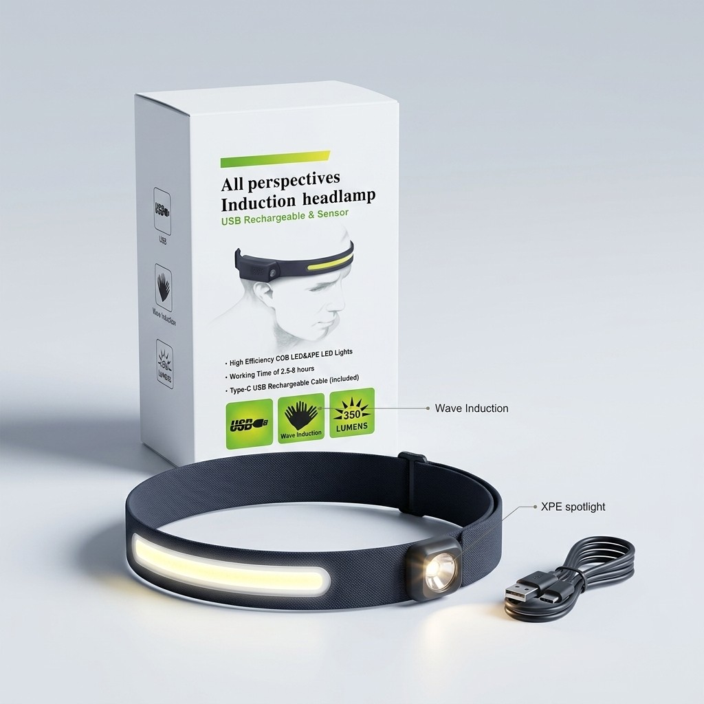 Lanterna de cabeça LED recarregável com acendimento por aproximação sensor touch para camping e mecânica