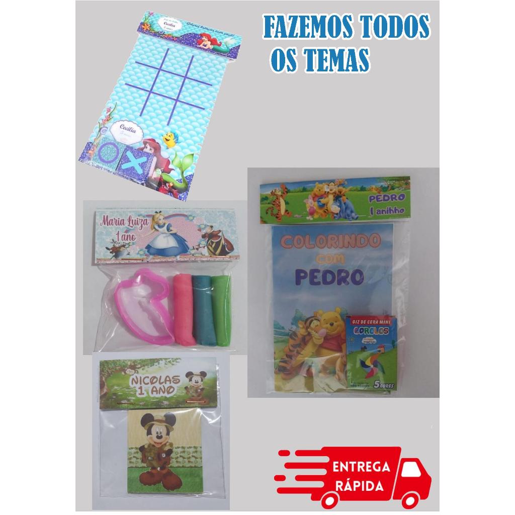 6 livrinho com mine giz + jogo de memória + kit com 3 mine  massinhas e 1 cortador + jogos da velha personalizados