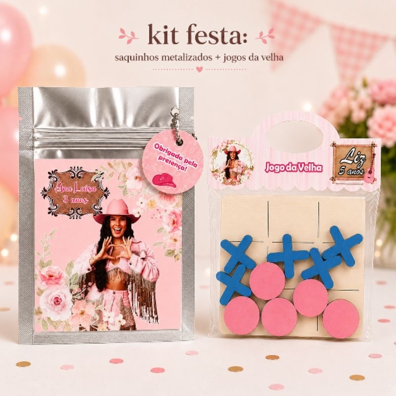 kit festa completa- 20 lembrancinhas, sendo 10 jogos da velha e 10 saquinhos metalizados P,personalizados festa infantil
