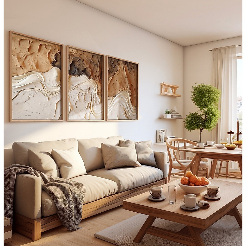 Quadro Abstrato Trio De Quadros Decorativos Com Moldura Quadro Grande Para Quarto Sala Gesso Marrom