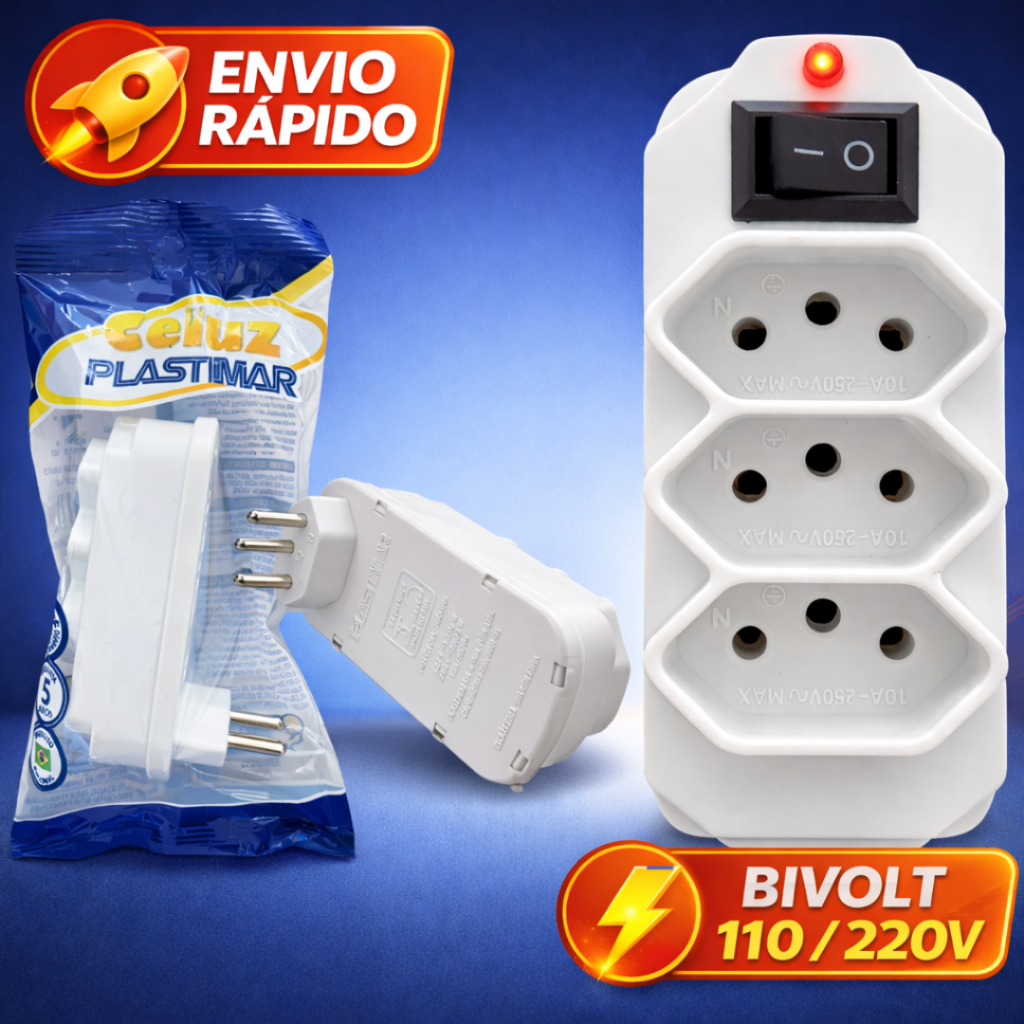Benjamin Adaptador 3 Tomadas Botão Liga Desliga Bivolt 3 pinos 10A Benjamin 110 / 220 V