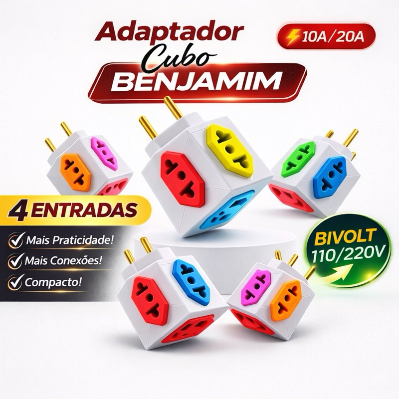 Adaptador em Cubo benjamin 10A/20A Bivolt resistente Alta potencia