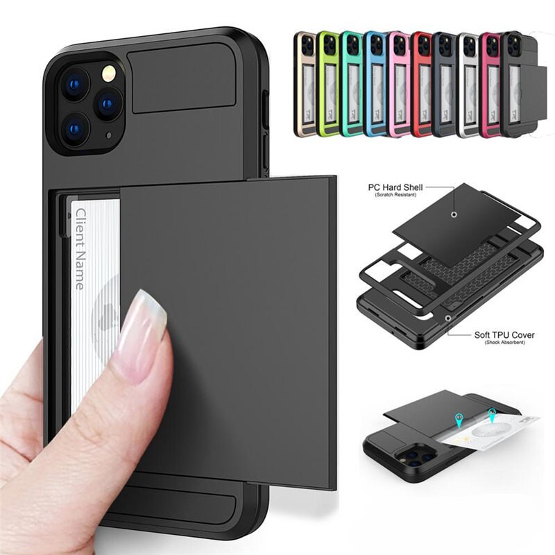 Slide Wallet Slot Para Cartão De Crédito PC Phone Case Compatível iPhone 16 15 12 11 Pro Max XR XS X 8 7 Plus Choque