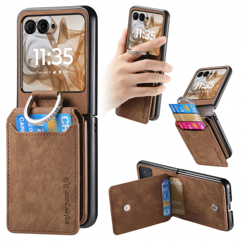 Luxo Retro PU Leather Wallet Card Slot Holder Ring Bracket Phone Case para Motorola Moto Razr 60 Ultra Razr 50 40 Ultra