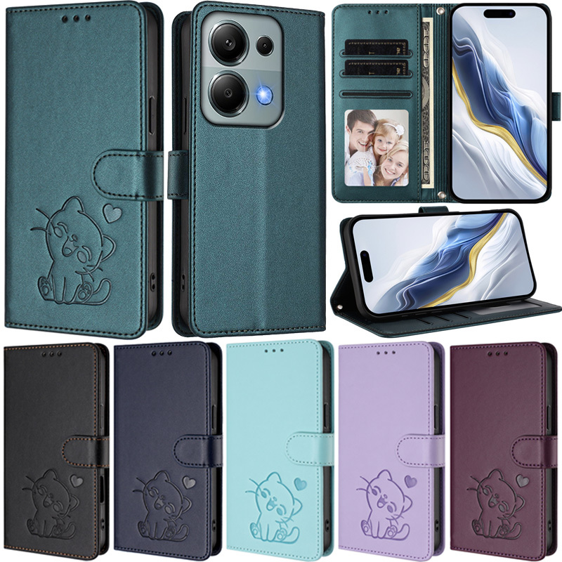 Capa De Luxo Para Xiaomi Redmi Note 14S 13 4G 12 4G 5G 5G Pro Cat Wallet Soft PU Couro Slot Cartão Pele Proteger Flip St