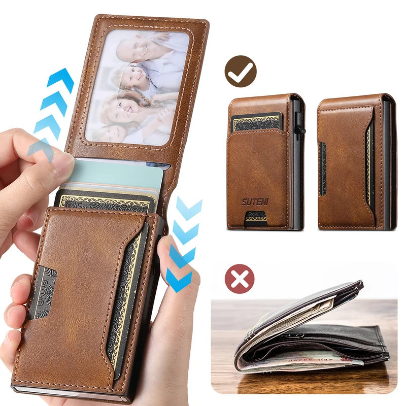 Carteira de Couro PU SUTENI para Homens, Carteira com Slot para Cartão, Capa Flip, Caixa de Cartão, Pressionando o Botão