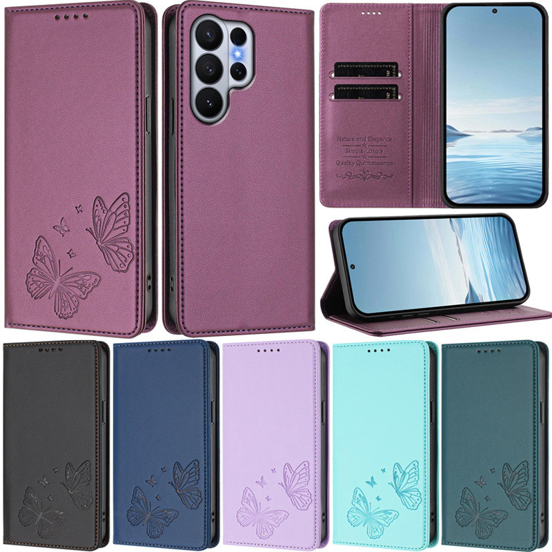 Capa De Luxo Para Samsung Galaxy S26 Ultra S25 FE S24 S26 Edge S24 + S25 Butterfly Wallet Soft PU Couro Slot Cartão Pele