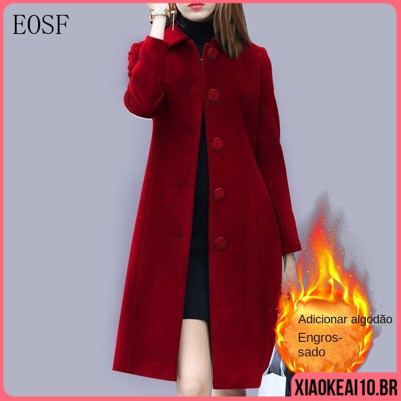 Casaco Feminino Longo Forrado de Lã Grossa, Cor Sólida, Elegante, com Lapela, Casual para Outono/Inverno, Tamanhos Gra Q
