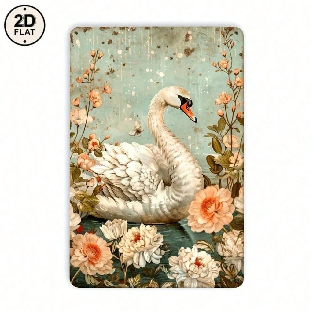 Oláyoung Arte De Parede De Cisne De Metal Vintage Retrô Floral Sinal De Lata Para Sala De Estar Quarto Café