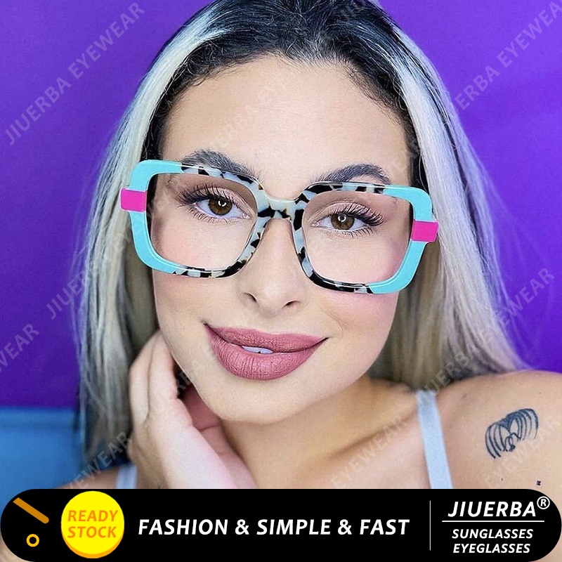 (JIUERBA) Óculos Com Armação Quadrada Colorida Leopard Eyeglass Western Fashion Anti Blue Light Glasses for Women
