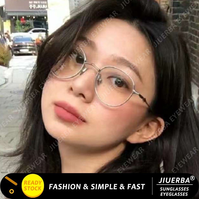 (JIUERBA) Moldura Coreana Fashion Silver Frame Anti Blue Light Eyeglasses for Women Metal Pequena Estrela Óculos De Sol