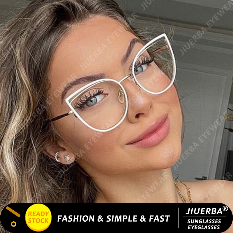 (JIUERBA) Óculos De Moda Ocidental Design Cat Eye Glasses New Fashion Metal Frame Anti Blue Light Eyeglass Women