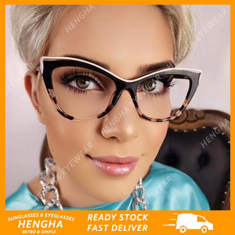 (HENGHA) Moldura De Sobrancelhas Clashing Color Cat Eye Glasses Women Anti Blue Light Optical Óculos Ovais Estilo Retro Ocidental