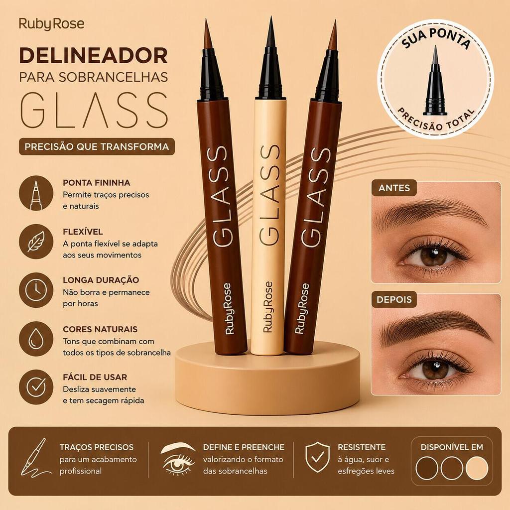 Caneta Delineadora Ruby Rose Glass - 2 Cores: Preto Light Dark Brown, para Maquiagem Diária e Sobrancelha HB524 527