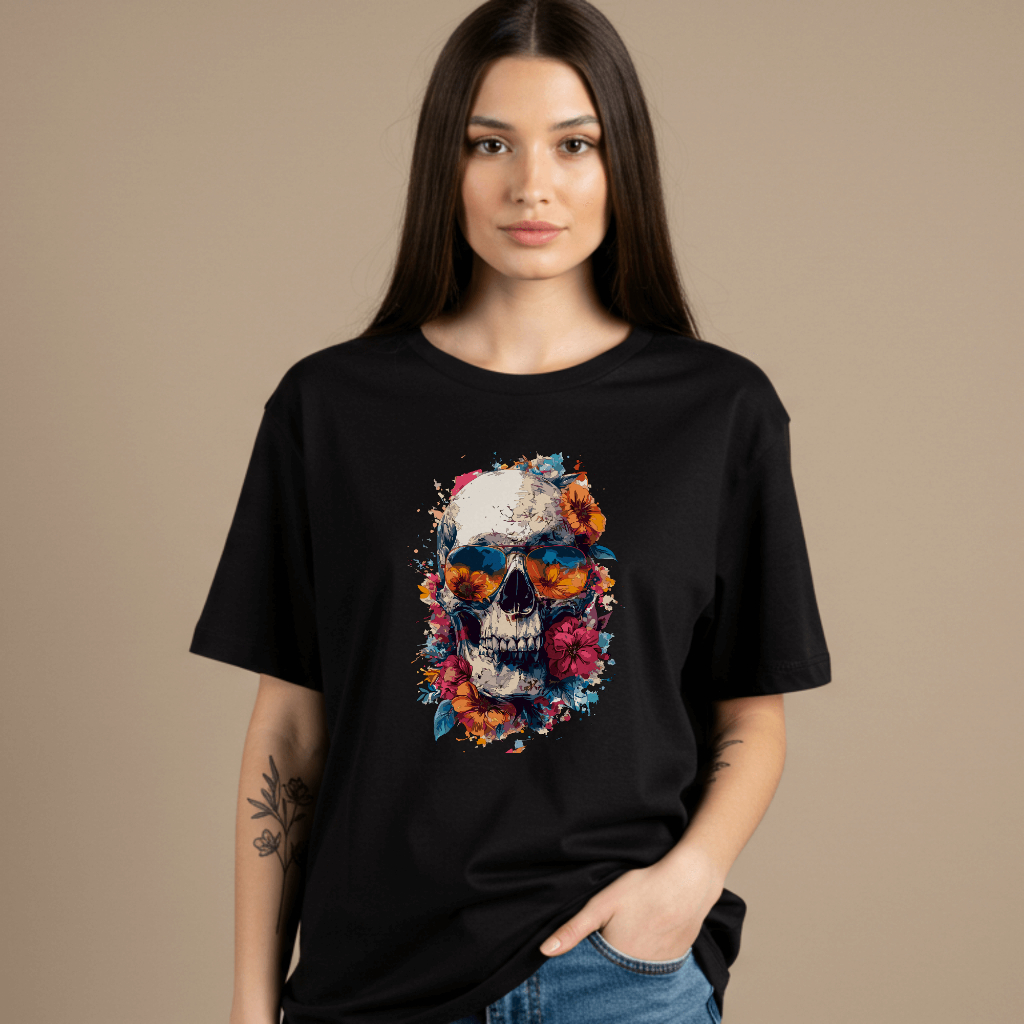 Camiseta Caveira Floral Estilizada Oversized Visual Criativo para o Dia a Dia