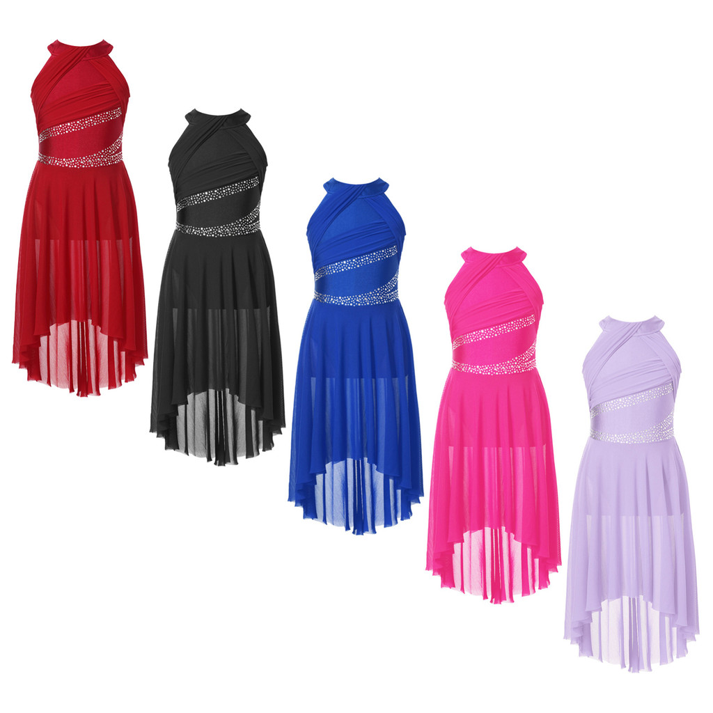 MSemis Kids Girls Lyrical Latin Dance Dress Sleeveless Sparkling Rhinestone Ruched Leotard Dancewear for Modern Dance