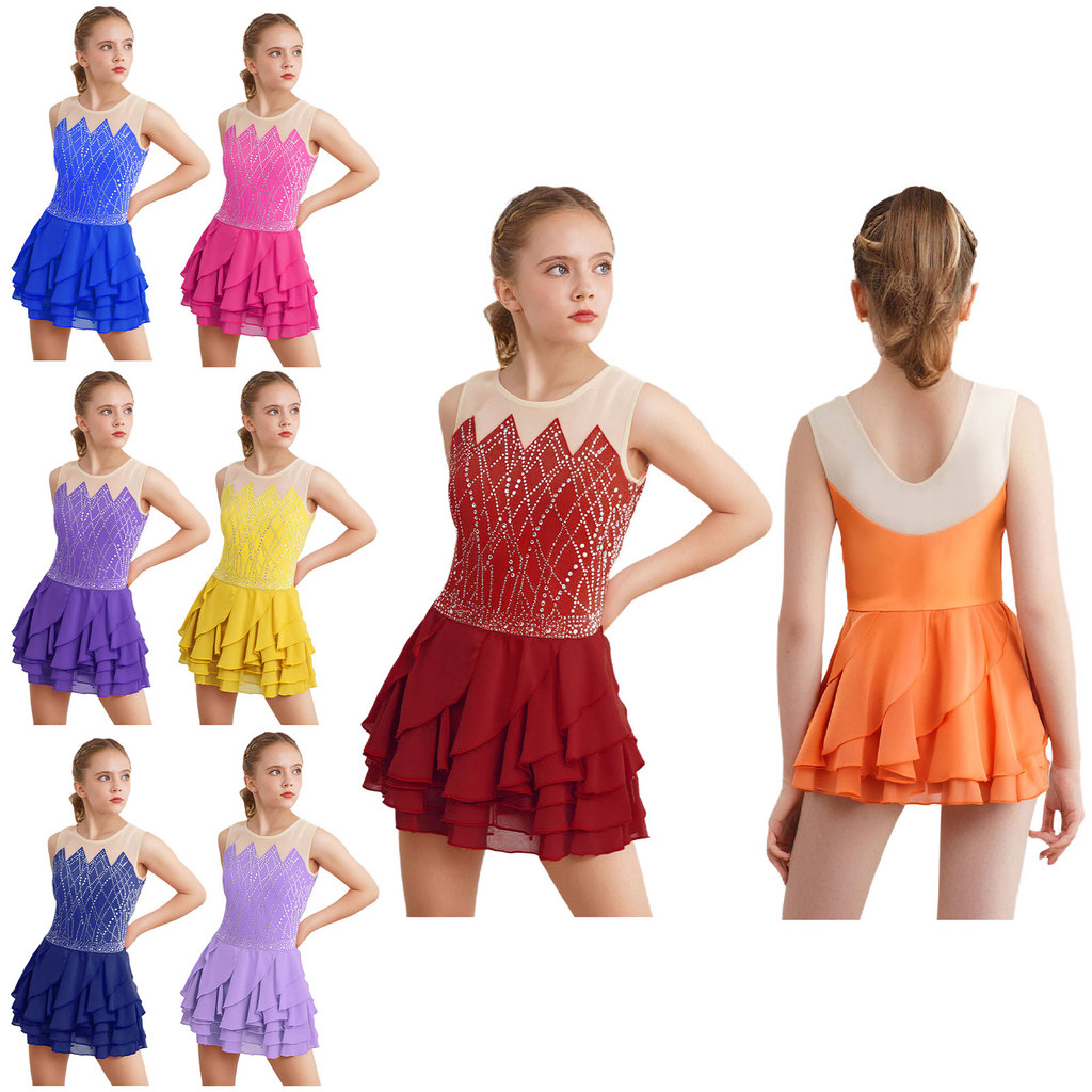 inhzoy Kids Girls Figure Skating Dance Costume Round Neck Sleeveless Shiny Rhinestones Tiered Ruffled Dress Dancewear