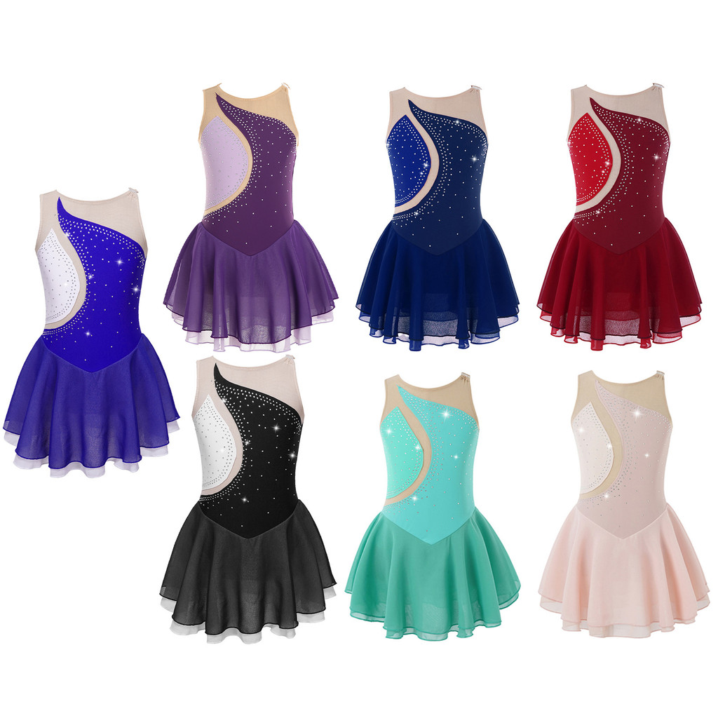 inhzoy Kids Girls Stylish Clothing Sleeveless Round Neckline Rhinestone Decorated Patchwork Style Dance Dress