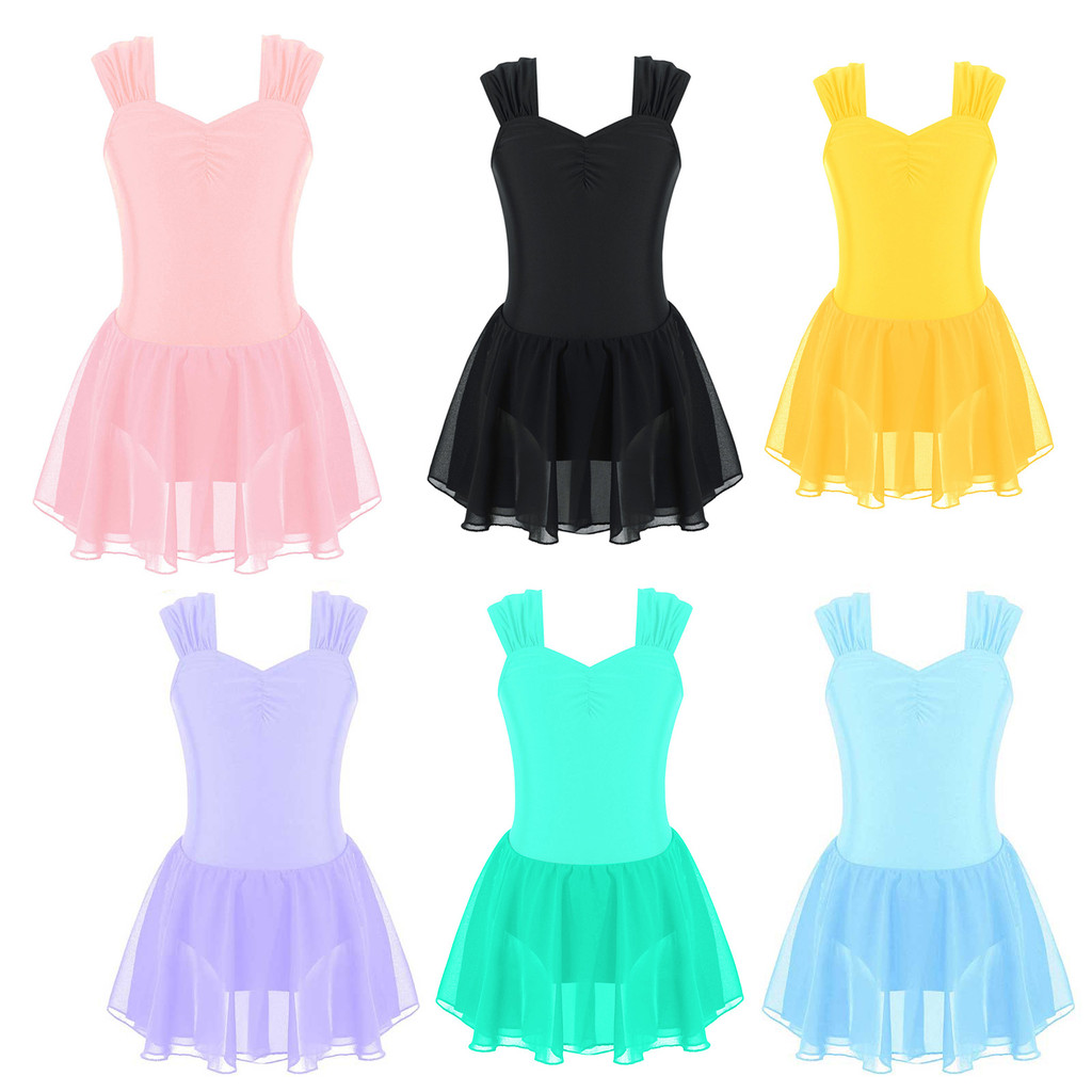 inhzoy Kids Girls Dance Clothing Sleeveless Ruched V Neckline Solid Color Leotards Dress