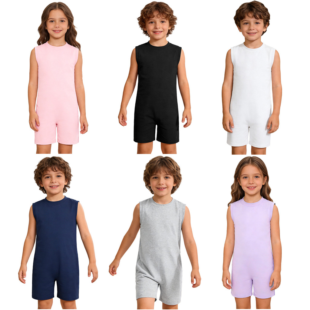 inhzoy Kids Boys Girls Special Needs Adaptive Clothing Round Neck Sleeveless Back Invisible Zipper Solid Color Jumpsuit